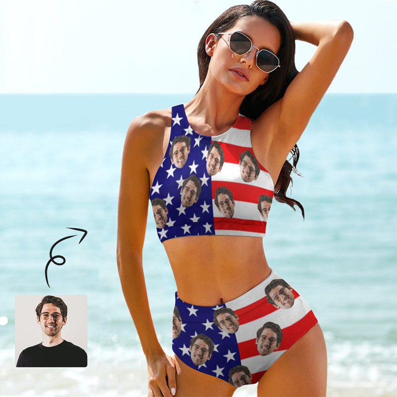 Custom Face American Flag Style High Crew Neck High Waisted Bikini Personalized Women's Two Piece Swimsuit Beach Outfits