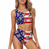 Custom Face American Flag Style High Crew Neck High Waisted Bikini Personalized Women's Two Piece Swimsuit Beach Outfits