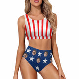 Custom Face American Flag Style High Crew Neck High Waisted Bikini Personalized Women's Two Piece Swimsuit Beach Outfits