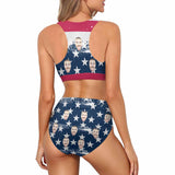 Custom Face American Flag Style B High Crew Neck High Waisted Bikini Personalized Women's Two Piece Swimsuit Beach Outfits