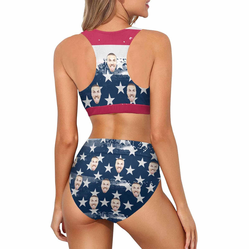 Custom Face American Flag Style B High Crew Neck High Waisted Bikini Personalized Women's Two Piece Swimsuit Beach Outfits