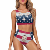 Custom Face American Flag Style B High Crew Neck High Waisted Bikini Personalized Women's Two Piece Swimsuit Beach Outfits