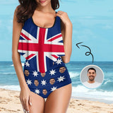 Custom Face Australian Flag Ruffle Tankini Personalized Bathing Suit Women's Two Piece High Waisted Bikini Swimsuit Summer Beach Pool Outfits