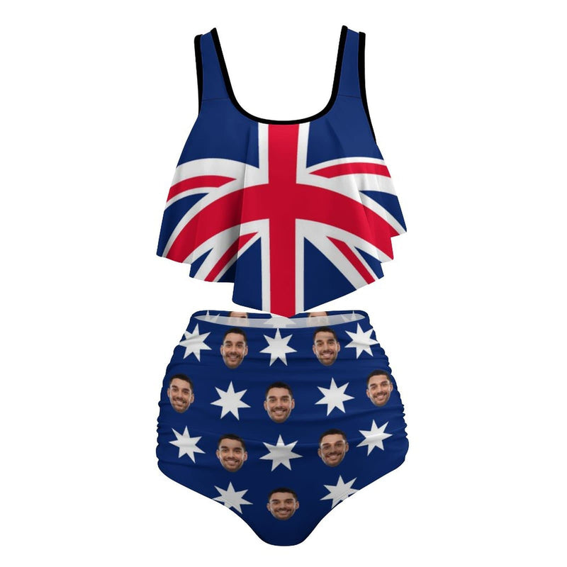 Custom Face Australian Flag Ruffle Tankini Personalized Bathing Suit Women's Two Piece High Waisted Bikini Swimsuit Summer Beach Pool Outfits