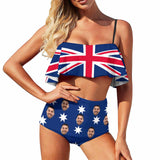 Custom Face Australian Flag Swimsuit Personalized Women's High Waisted Flounce Bikini Set Celebrate Holiday Party