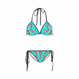 Custom Face Blue String Halter Tie Side Low Waisted Triangle Bikini Personalized Bathing Suit Women's Two Piece Swimsuit Summer Beach Pool Outfits