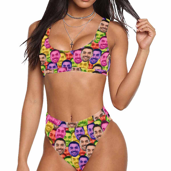 Custom Face Colorful Scoop Neck Sport Top High Waisted Bikini Personalized Women's Two Piece Swimsuit Beach Outfits