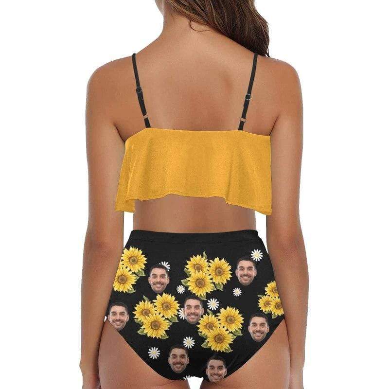 Custom Face Daisy Ruffle Bikini Personalized Bathing Suit Women's Two Piece High Waisted Bikini Swimsuit Summer Beach Pool Outfits