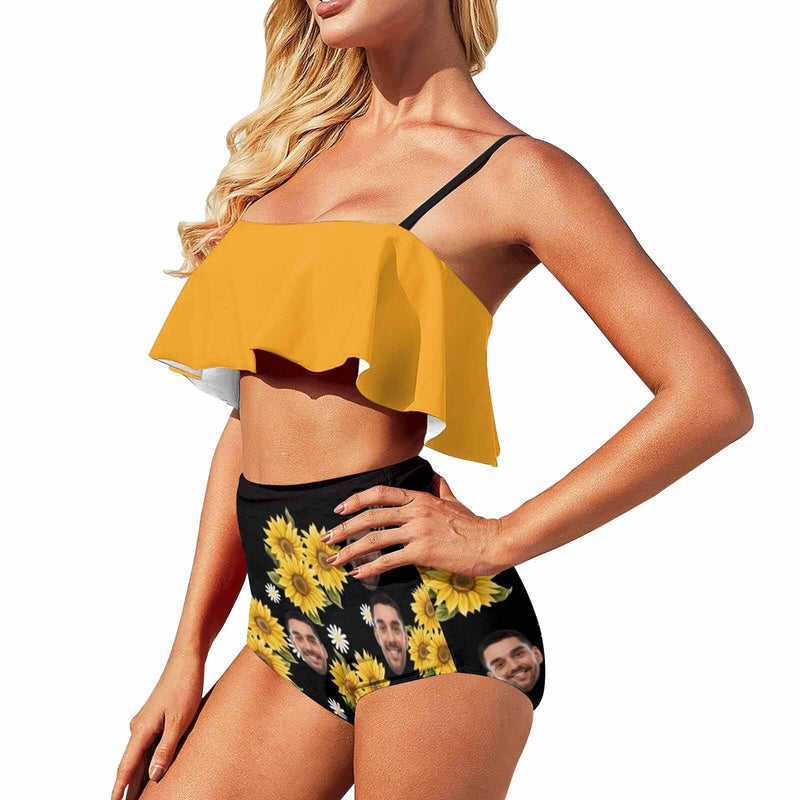 Custom Face Daisy Ruffle Bikini Personalized Bathing Suit Women's Two Piece High Waisted Bikini Swimsuit Summer Beach Pool Outfits