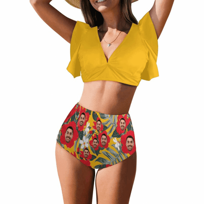 Custom Face Flowers Tropical Plants Women Ruffle High Waisted Flounce Bikini Set Two Pieces Swimsuit Beachwear