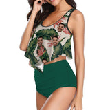 Custom Face Green Leaves Ruffle Tankini Personalized Bathing Suit Women's Two Piece High Waisted Bikini Swimsuit Summer Beach Pool Outfits