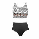 Custom Face Holiday Style High Crew Neck High Waisted Bikini Personalized Women's Two Piece Swimsuit Beach Outfits