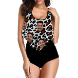 Custom Face Leopard Black Ruffle Tankini Personalized Bathing Suit Women's Two Piece High Waisted Bikini Swimsuit Summer Beach Pool Outfits