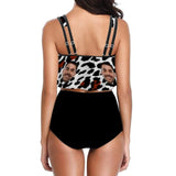 Custom Face Leopard Black Ruffle Tankini Personalized Bathing Suit Women's Two Piece High Waisted Bikini Swimsuit Summer Beach Pool Outfits