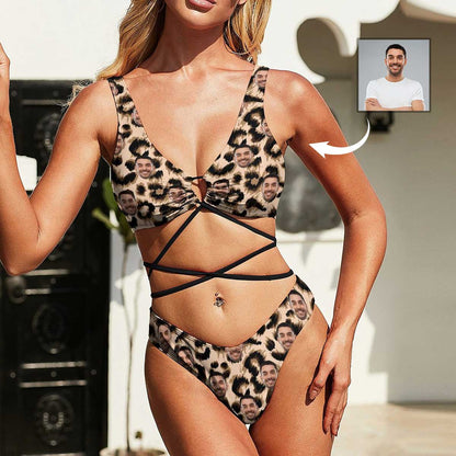 Custom Face Leopard Tie Bond Low Waisted Bikini Bathing Suit Personalized Women&