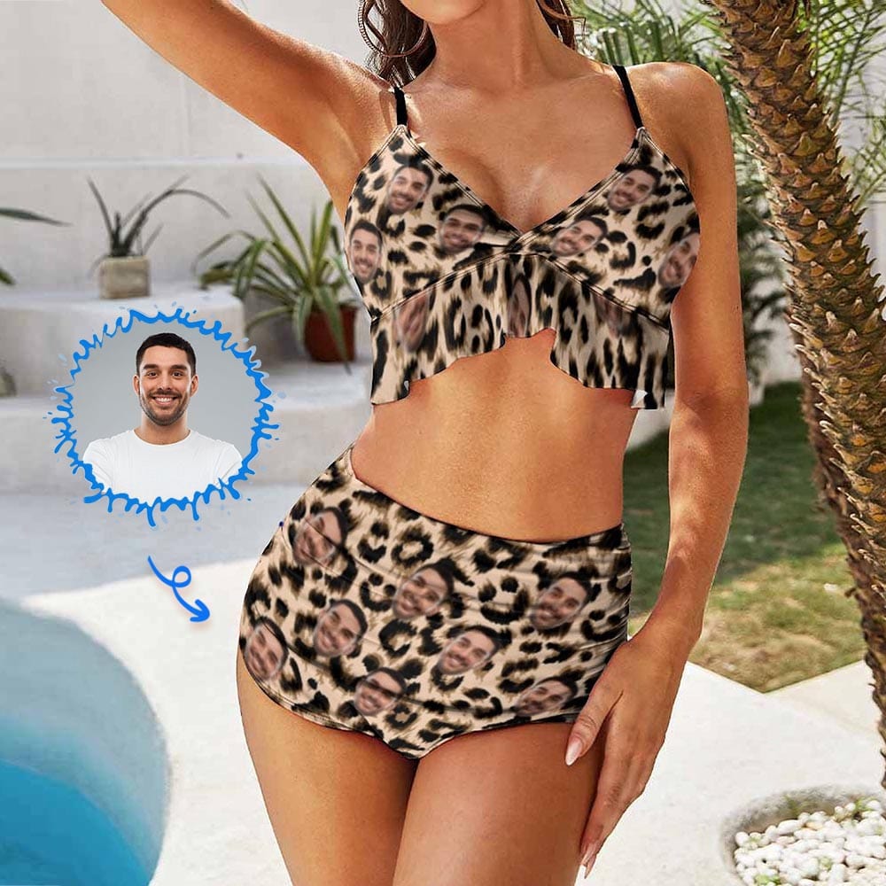 Custom Face Leopard V Neck Flounce High Waisted Bikini Personalized Bathing Suit Women&