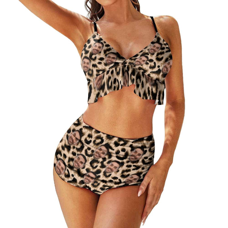 Custom Face Leopard V Neck Flounce High Waisted Bikini Personalized Bathing Suit Women's Two Piece Ruffle Hem Bikini Swimsuit Summer Beach Pool Outfits