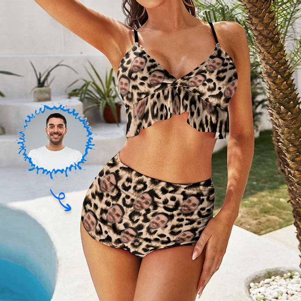 Custom Face Leopard V Neck Flounce High Waisted Bikini Personalized Bathing Suit Women's Two Piece Ruffle Hem Bikini Swimsuit Summer Beach Pool Outfits