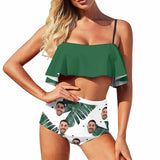 Custom Face Palm Leaf Ruffle Bikini Personalized Bathing Suit Women's Two Piece High Waisted Bikini Swimsuit Summer Beach Pool Outfits