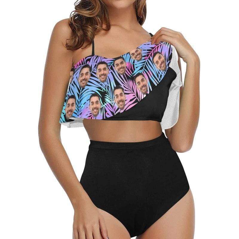 Custom Face Palm Leaves Ruffle Bikini Personalized Bathing Suit Women's Two Piece High Waisted Bikini Swimsuit Summer Beach Pool Outfits