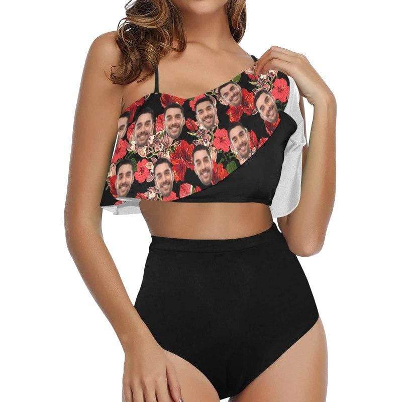 Custom Face Red Flower Ruffle Bikini Personalized Bathing Suit Women's Two Piece High Waisted Bikini Swimsuit Summer Beach Pool Outfits