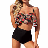 Custom Face Red Flower Ruffle Bikini Personalized Bathing Suit Women's Two Piece High Waisted Bikini Swimsuit Summer Beach Pool Outfits