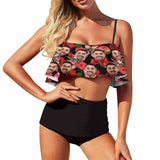 Custom Face Red Flower Ruffle Bikini Personalized Bathing Suit Women's Two Piece High Waisted Bikini Swimsuit Summer Beach Pool Outfits