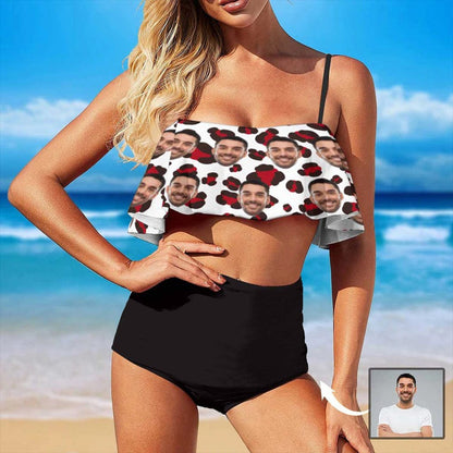 Custom Face Red Leopard Ruffle Bikini Personalized Bathing Suit Women&