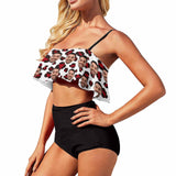 Custom Face Red Leopard Ruffle Bikini Personalized Bathing Suit Women's Two Piece High Waisted Bikini Swimsuit Summer Beach Pool Outfits