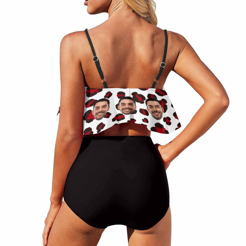 Custom Face Red Leopard Ruffle Bikini Personalized Bathing Suit Women's Two Piece High Waisted Bikini Swimsuit Summer Beach Pool Outfits