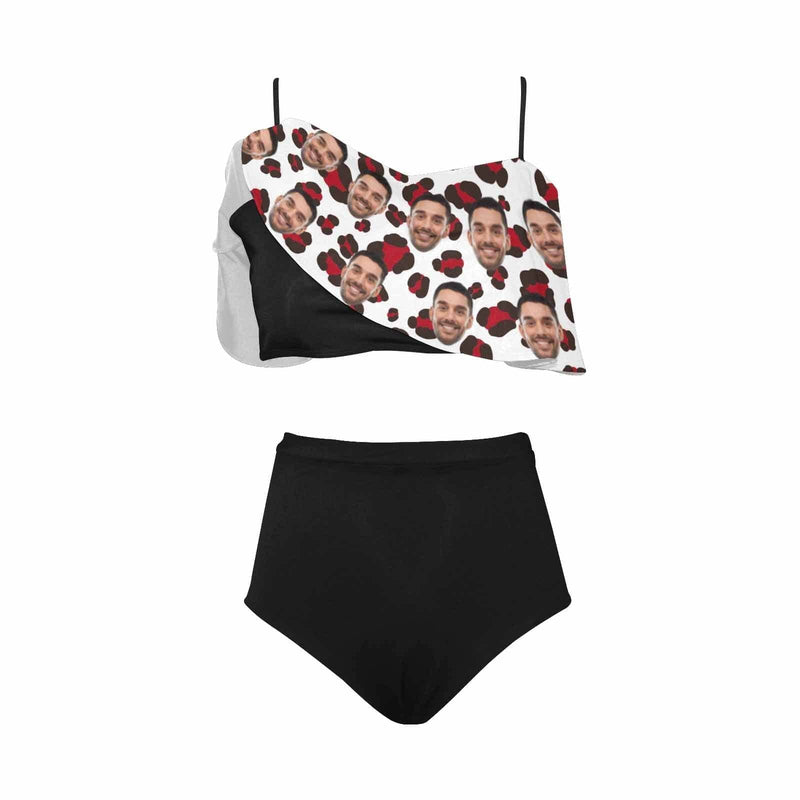 Custom Face Red Leopard Ruffle Bikini Personalized Bathing Suit Women's Two Piece High Waisted Bikini Swimsuit Summer Beach Pool Outfits