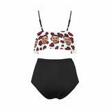 Custom Face Red Leopard Ruffle Bikini Personalized Bathing Suit Women's Two Piece High Waisted Bikini Swimsuit Summer Beach Pool Outfits