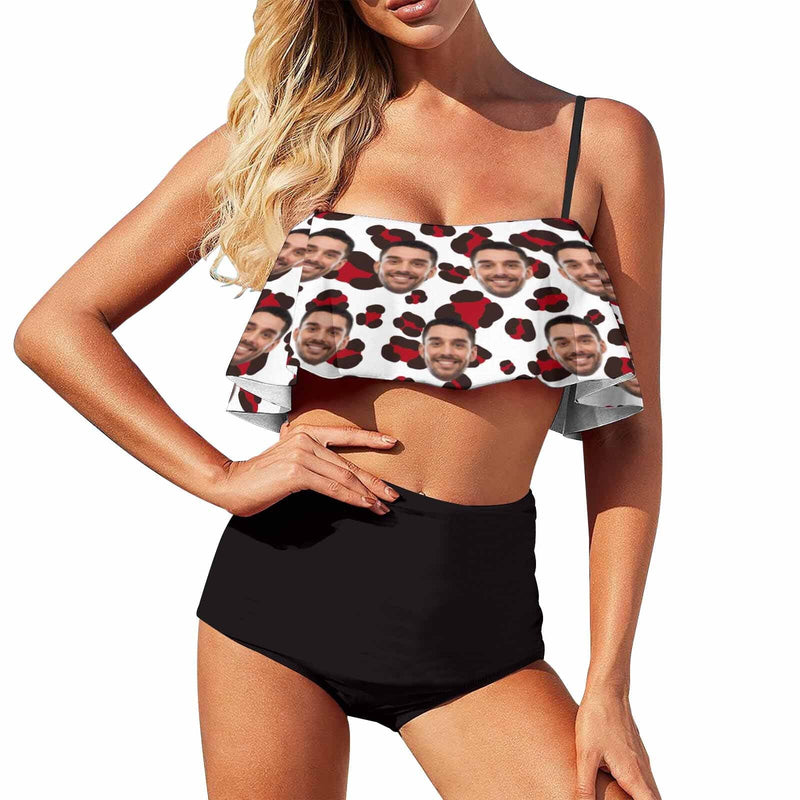 Custom Face Red Leopard Ruffle Bikini Personalized Bathing Suit Women's Two Piece High Waisted Bikini Swimsuit Summer Beach Pool Outfits