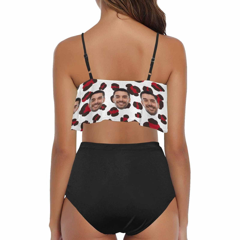 Custom Face Red Leopard Ruffle Bikini Personalized Bathing Suit Women's Two Piece High Waisted Bikini Swimsuit Summer Beach Pool Outfits