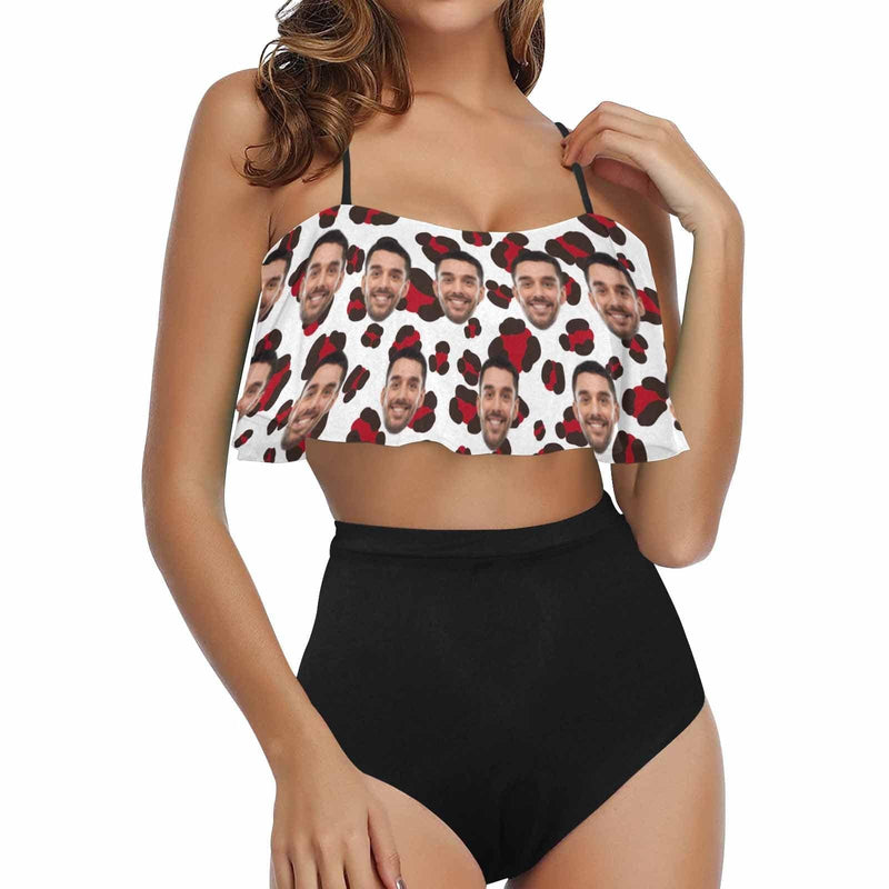 Custom Face Red Leopard Ruffle Bikini Personalized Bathing Suit Women's Two Piece High Waisted Bikini Swimsuit Summer Beach Pool Outfits