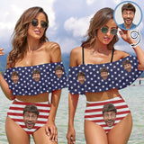 [Up to 5XL]Custom Face Stars Red Stripe Women's Two-Piece Off Shoulder or Sling 2 Ways to Wear Ruffle High Waisted Bikini Set