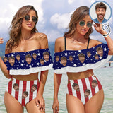 [Up to 5XL]Custom Face Stars Stripe Women's Two-Piece Off Shoulder or Sling 2 Ways to Wear Ruffle High Waisted Bikini Set