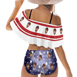 [Up to 5XL]Custom Face Stars White&Blue Women's Two-Piece Off Shoulder or Sling 2 Ways to Wear Ruffle High Waisted Bikini Set