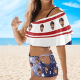 [Up to 5XL]Custom Face Stars White&Blue Women's Two-Piece Off Shoulder or Sling 2 Ways to Wear Ruffle High Waisted Bikini Set