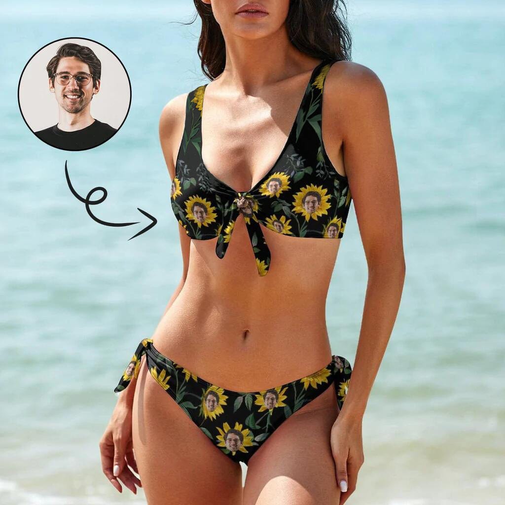 Custom Face Sunflower Chest Strap Tie Side Low Waisted Bikini Women&