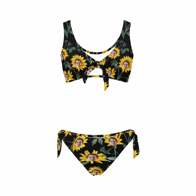 Custom Face Sunflower Chest Strap Tie Side Low Waisted Bikini Women's Two Piece Swimsuit Personalized Bathing Suit Summer Beach Pool Outfits