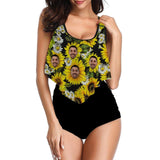 Custom Face Sunflower Ruffle Tankini Personalized Bathing Suit Women's Two Piece High Waisted Bikini Swimsuit Summer Beach Pool Outfits