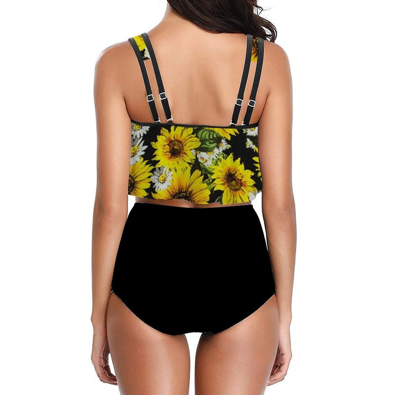 Custom Face Sunflower Ruffle Tankini Personalized Bathing Suit Women's Two Piece High Waisted Bikini Swimsuit Summer Beach Pool Outfits