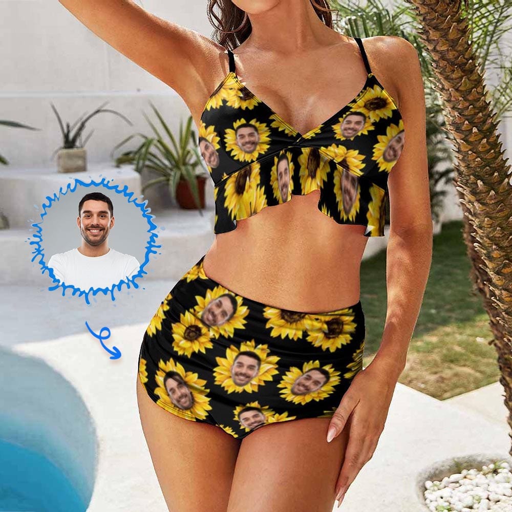 Custom Face Sunflower V Neck Flounce High Waisted Bikini Personalized Bathing Suit Women&