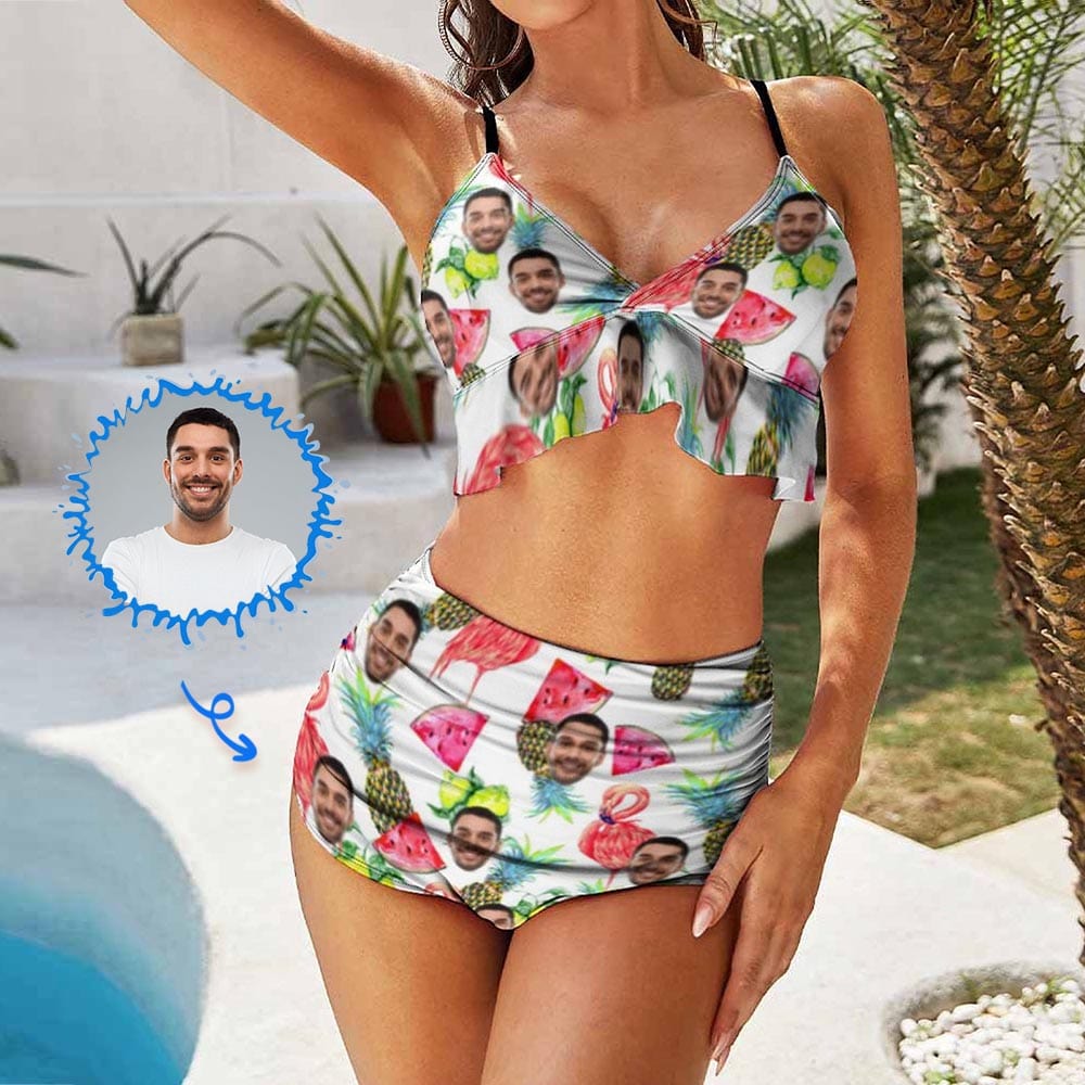 Custom Face Watermelon V Neck Flounce High Waisted Bikini Personalized Bathing Suit Women&