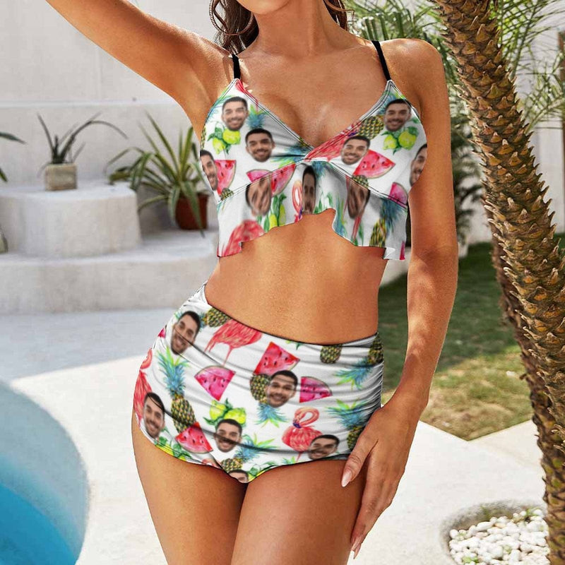 Custom Face Watermelon V Neck Flounce High Waisted Bikini Personalized Bathing Suit Women's Two Piece Ruffle Hem Bikini Swimsuit Summer Beach Pool Outfits