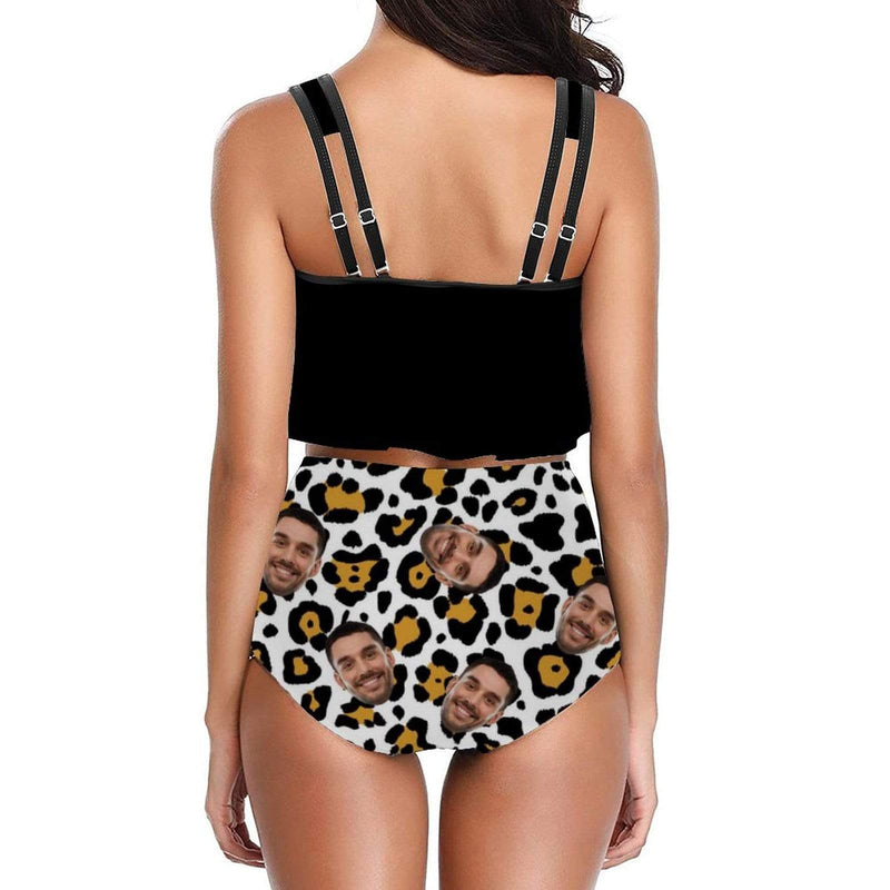 Custom Face White Leopard Ruffle Tankini Personalized Bathing Suit Women's Two Piece High Waisted Bikini Swimsuit Summer Beach Pool Outfits