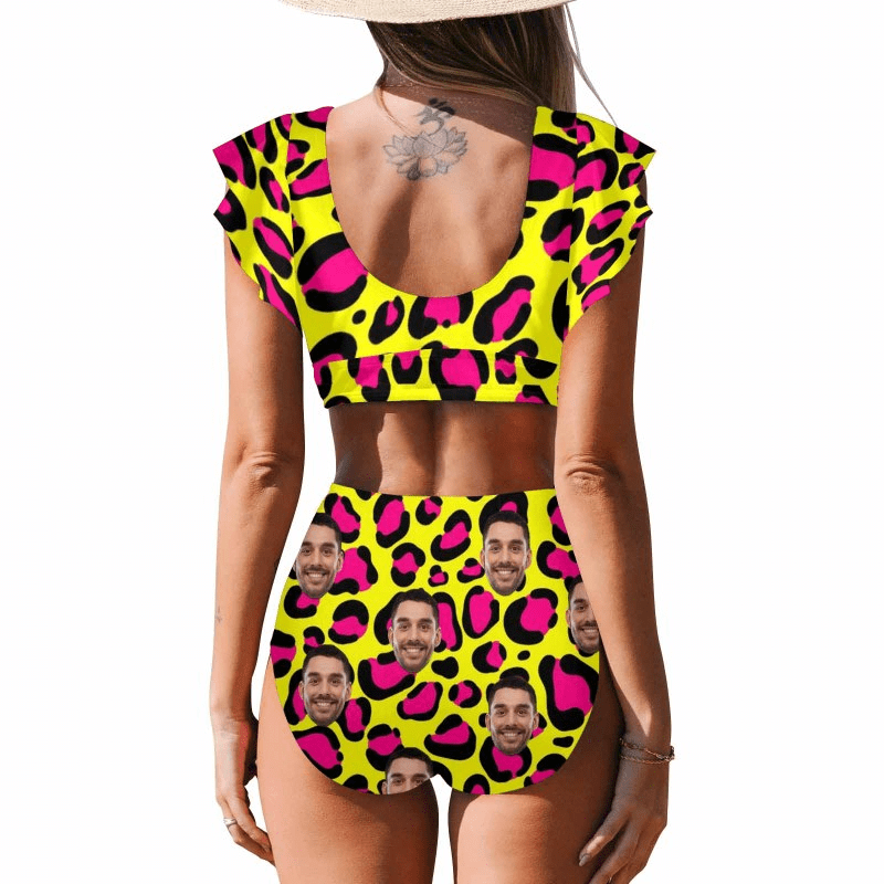 Custom Face Yellow and Pink Leopard Women Ruffle High Waisted Flounce Bikini Set Two Pieces Swimsuit Beachwear