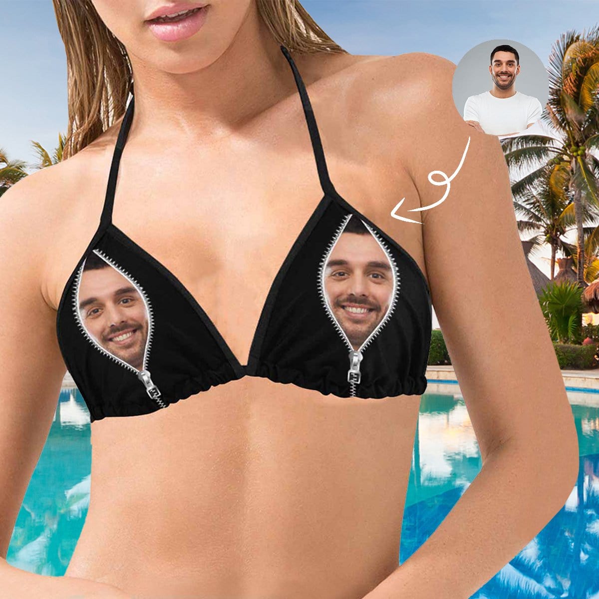 Custom Face Zipper Personalized Bikini Swimsuit Top