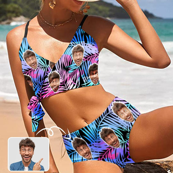 Custom Husband Face Coniferous Knot Side Bikini Swimsuit Women's Two Piece Swimsuit Personalized Bathing Suit Summer Beach Pool Outfits